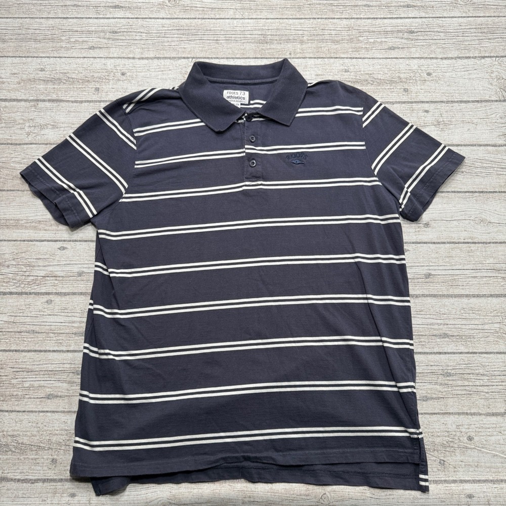 Roots 73 Athletics Polo Shirt Men's 2XL Navy Blue Striped Short Sleeve Preppy